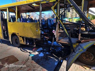 A wrecked city bus following a drone strike in Nikopol amid the Russian invasion of Ukraine